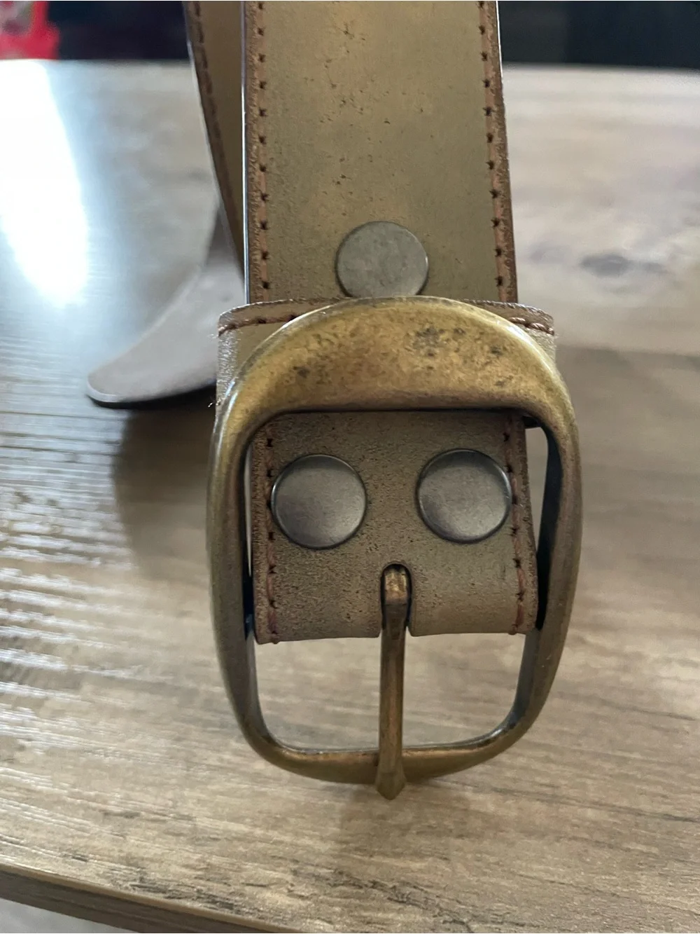 Vintage genuine classic Italian leather olive belt rectangular brass buckle Lg